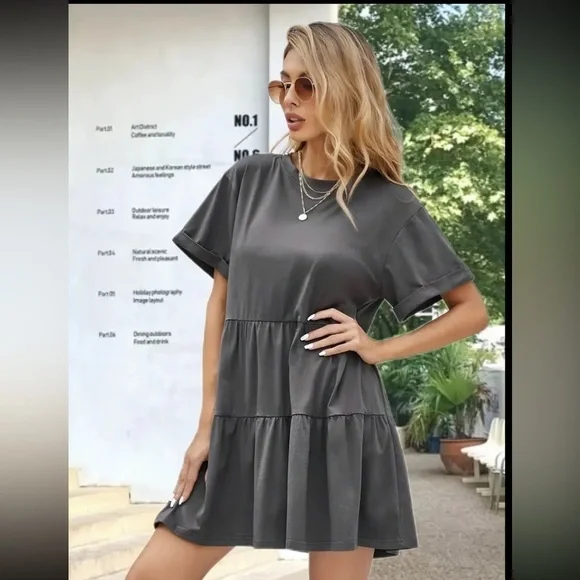 Flirty Ruffle Hem Dress - Short Sleeve, Crew Neck - Picture 4 of 5